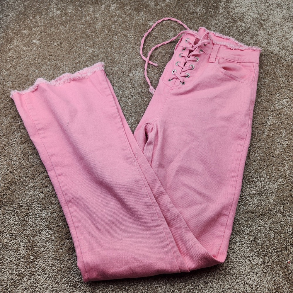 Shein Kids Pink Lace Up Front Frayed Hem High Waist Straight Leg Denim Jeans XS